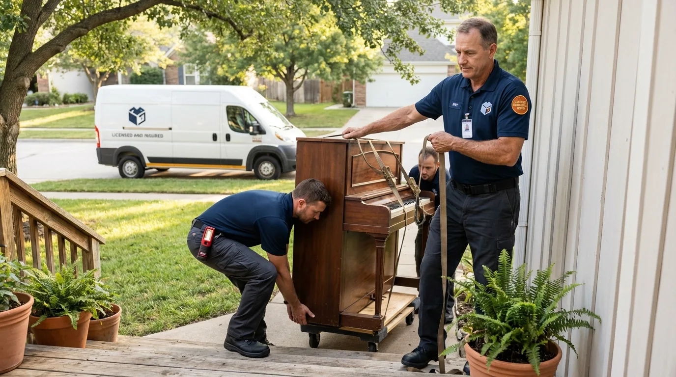 Licensed piano movers securing grand piano in Christiansburg, VA