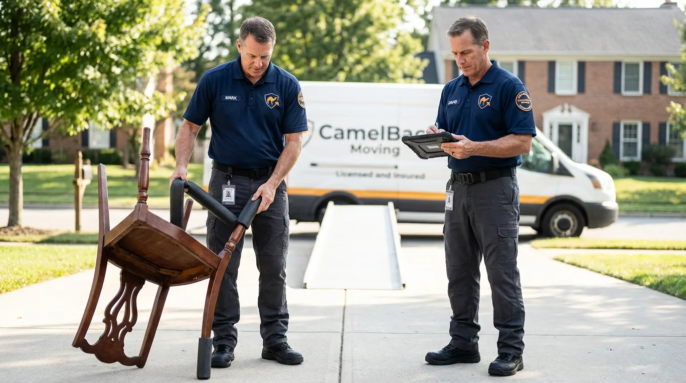 Movers inspecting furniture for damage prevention before loading in Christiansburg, VA